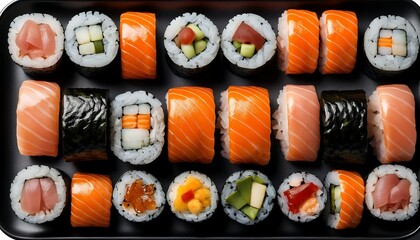 A Delicious Assortment of Fresh Sushi Rolls: Salmon, Tuna, and Vegetable Delights on a Black Tray