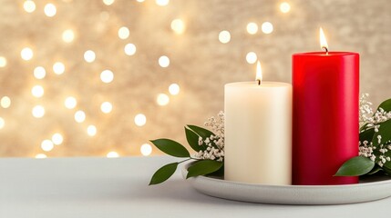 Festive Red and White Candles on Decorative Plate with Lights