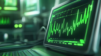 A close-up of a monitor displaying green waveforms and data analysis in a tech environment.
