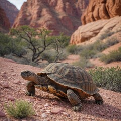 A lone desert tortoise making its way through a pink-hued canyon.
