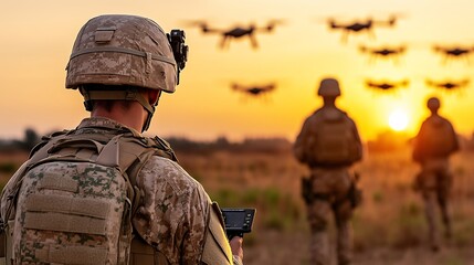Military Drone Swarm Operation at Sunset