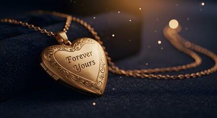 Golden heart shaped locket with detailed forever yours engraving on deep blue velvet for romantic keepsakes and elegant Valentine's jewelry for timeless expressions of love and sentimentality