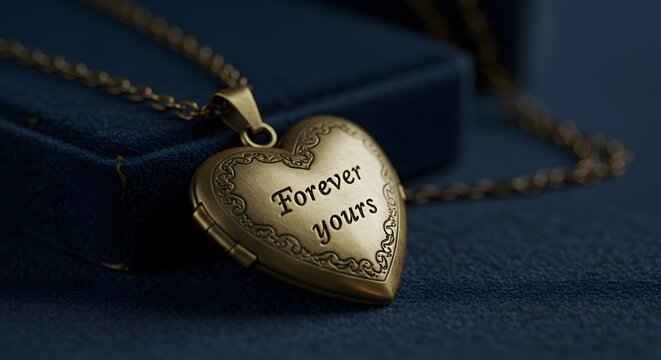 Vintage inspired heart-shaped locket with delicate engravings for forever yours message showcased on velvet backdrop for sentimental Valentine day gifting and timeless jewelry design
