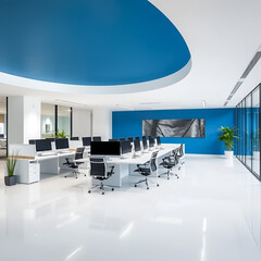 Clean concrete coworking office interior with panoramic windows and city view 3D Rendering.