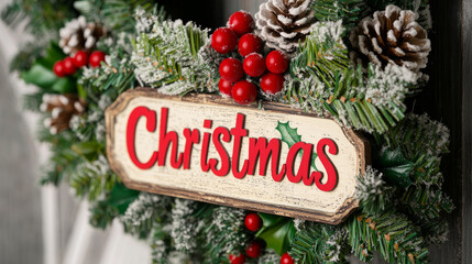 Christmas wreaths with winter holiday decorations with lush green pine, cones, red holly berries and text Merry Christmas