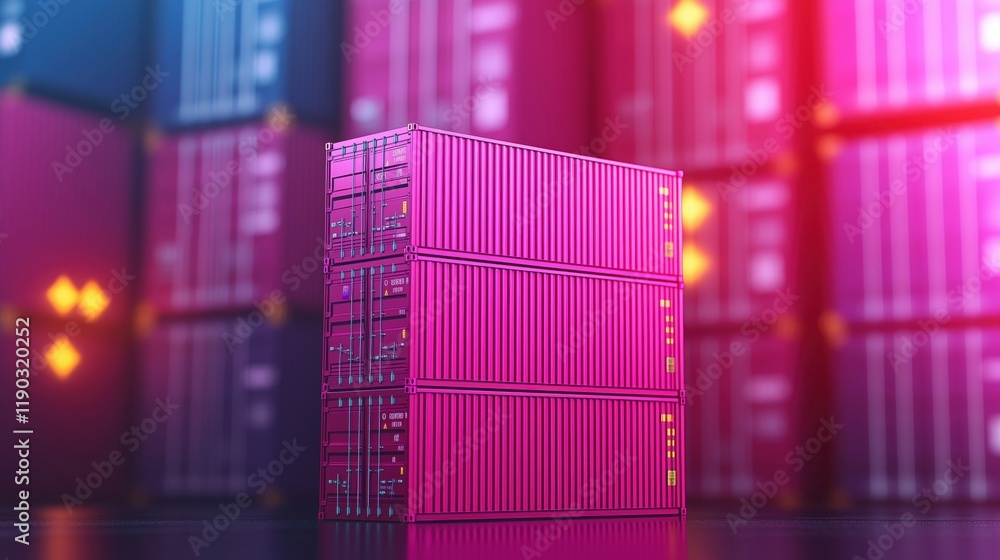 Poster a colorful stack of shipping containers with a futuristic design, set against a backdrop of similar 