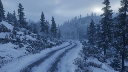 Snowy winding road through a winter forest.