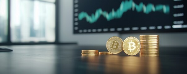 A close-up of Bitcoin coins in front of a digital chart, highlighting cryptocurrency investment trends and market analysis.