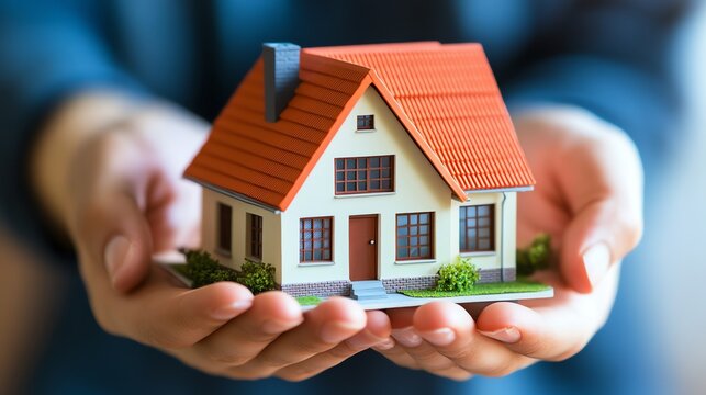 Hands Gently Holding a Miniature House Model, Home Ownership Concept