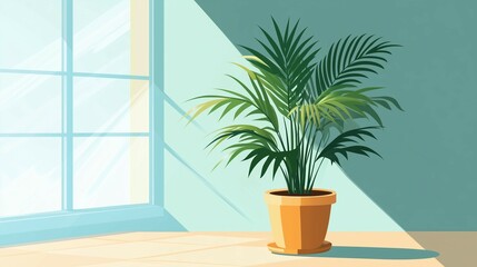 Obraz premium Sunlit Potted Palm by the Window