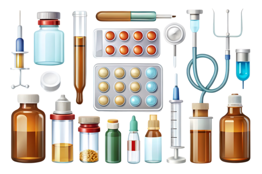 Collection of medical supplies including syringes, vials, and pills. On transparent background. Png file