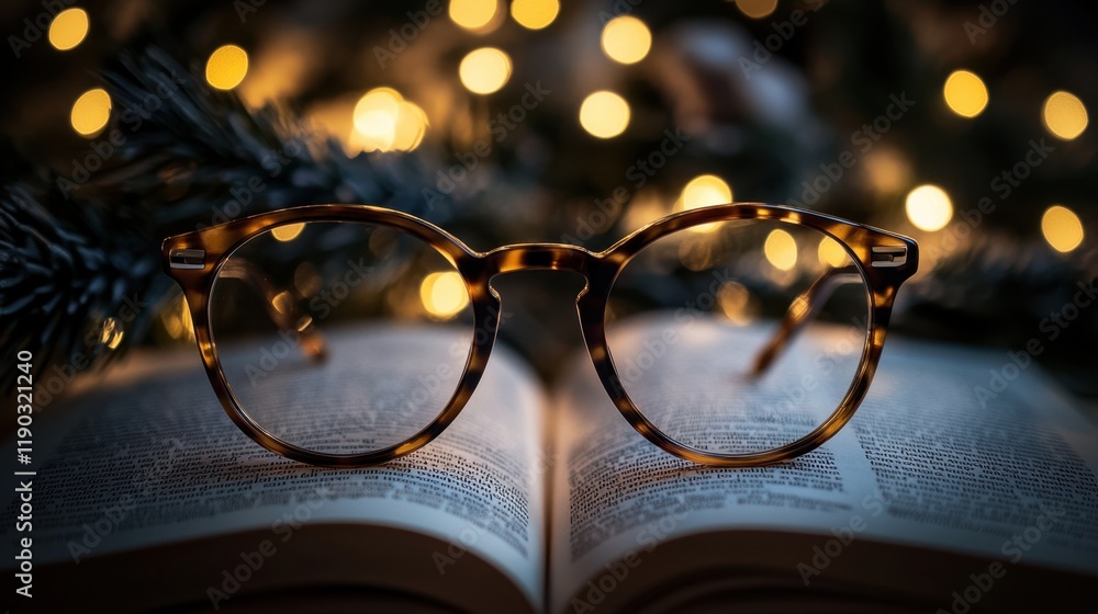 Poster stylish glasses resting on an open book with bokeh lights