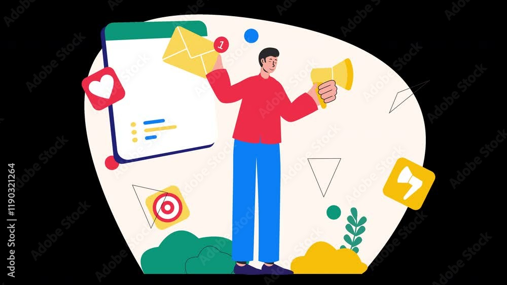 Poster a man of european descent holding a megaphone and an envelope, symbolizing communication and notific