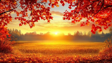 Autumn Sunset Over a Golden Field with Vibrant Fall Leaves 