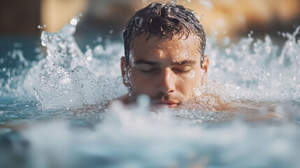 Obraz premium Man swimming in outdoor pool, dynamic motion of water splashing 