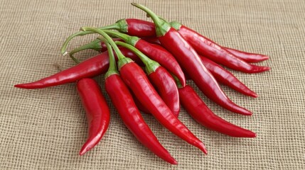 Fresh Red Chili Peppers on Natural Burlap Background