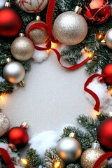 A festive arrangement featuring red and silver ornaments, ribbons, and greenery, creating a cheerful holiday atmosphere.