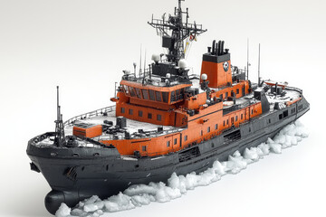 Fototapeta premium Detailed model of an icebreaker, orange hull, black bottom, surrounded by ice.