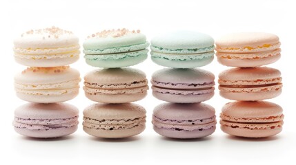 Fototapeta premium Colorful Macarons Stacked in Rows on White Background