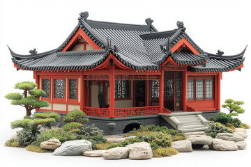 Obraz premium Intricate model of a traditional East Asian house, nestled in a miniature garden.