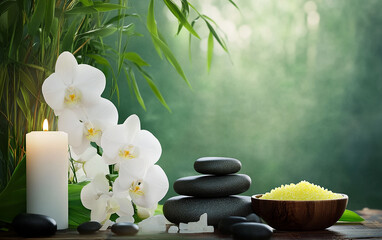 Transform your space into a calming retreat with glowing candles white orchids zen stones and spa essentials offering natural decor and relaxation therapy for a tranquil and peaceful atmosphere