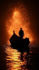 Silhouette Man in Boat with Fiery Water Sparks at Night