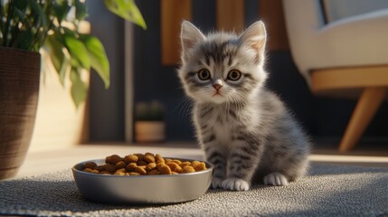 Cute Gray Kitten Sitting Next to Bowl of Cat Food in Cozy Room