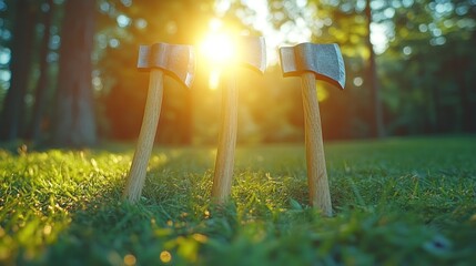 Three axes standing in grass at sunset.