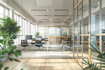 Vibrant Color Picture of Workplace Arrangement with Glass Partition and Office Supplies