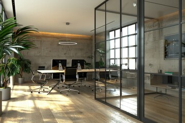 Flawless Image of Workplace Arrangement with Glass Partition and Office Supplies