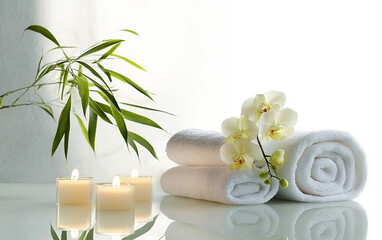 Create a luxurious wellness retreat with spa essentials including white towels calming decor and fresh orchid flowers designed to promote relaxation and bring a sense of tranquility to your space