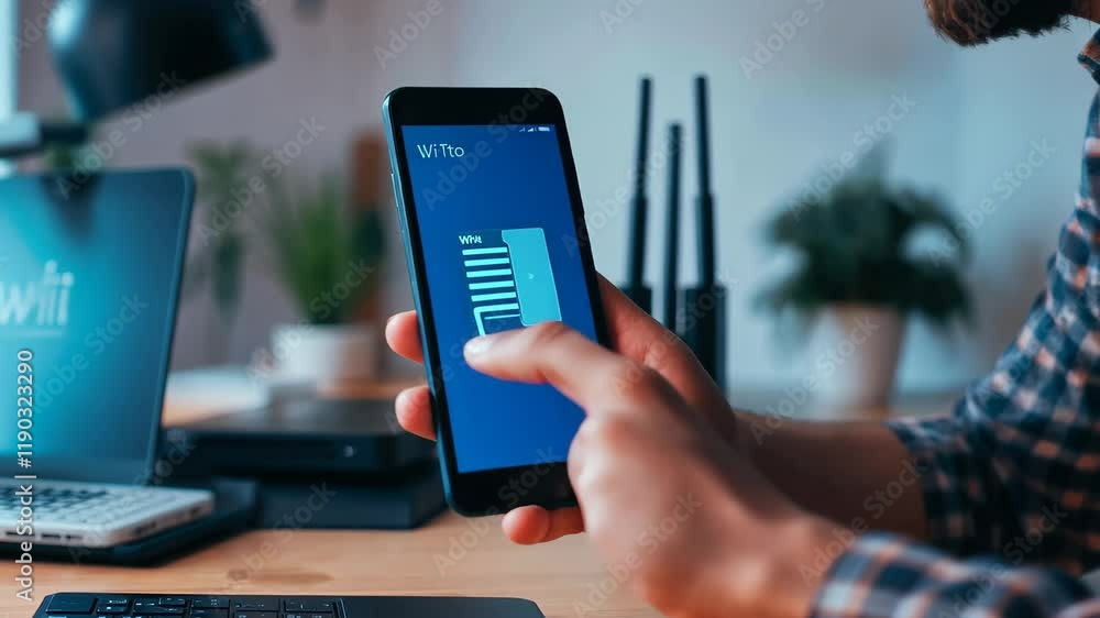 Poster close view of man using smartphone to connect with wireless router in usa workspace, close view of m