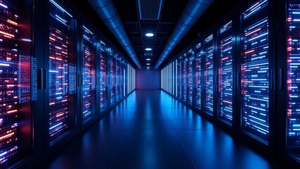 Fototapeta premium A futuristic data center illuminated by rows of vibrant, luminous servers with sleek, angular lines, set against a dark, high-gloss floor and surrounded by glass partitions.