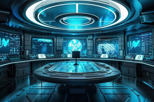 Empty, contemporary, futuristic command center stylish interior stock photo