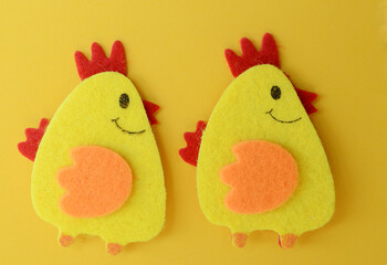 two cute yellow felt chickens handmade, diy, kids easter crafts, copy space, funny handmade idea