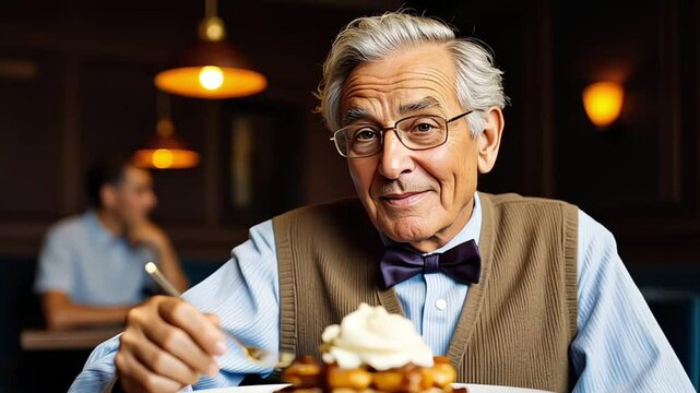 Smiling happy senior person eating delicious Belgian waffle dessert, whipped cream topping, sitting in a restaurant, cheerful atmosphere, the old man is holding a fork, wears fun bow tie and glasses