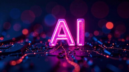 AI text with digital and futuristic elements pink neon glow in the dark artificial intelligence banner technology,