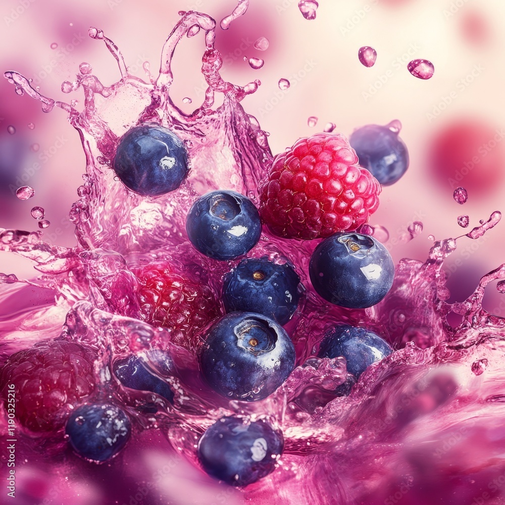 Poster dynamic burst of berry juice splash with blurred background