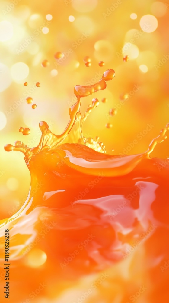 Poster bright orange juice splash with soft bokeh background