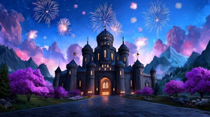 Obraz premium A castle with a purple sky and fireworks in the background