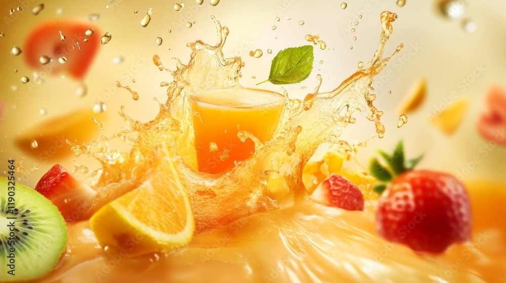 Poster dynamic splash of fresh fruit juice with droplets in motion