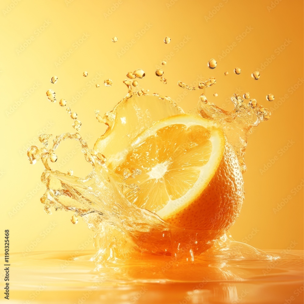 Poster Dynamic Citrus Juice Splash with Frozen Droplets in Bright Setting
