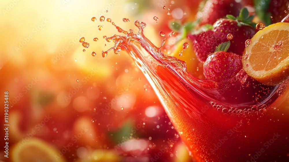 Poster dynamic juice splash in a curved shape with fresh fruits