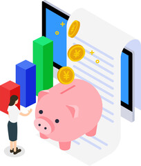 豚の貯金箱と領収書がある資産運用・家計管理のアイソメトリックイラスト