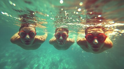 Three boys with heart-shaped goggles swim underwater.