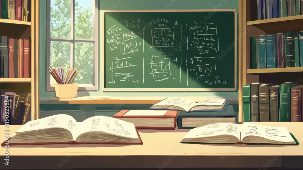 Poster study environment with open books and chalkboard in classroom