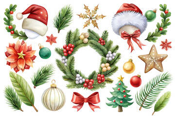 Collection of Christmas decorations including a wreath, tree, and star. On transparent background. Png file