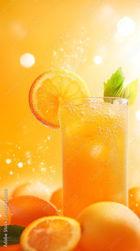 Poster refreshing zesty orange drink on gradient warm backdrop with soft glow