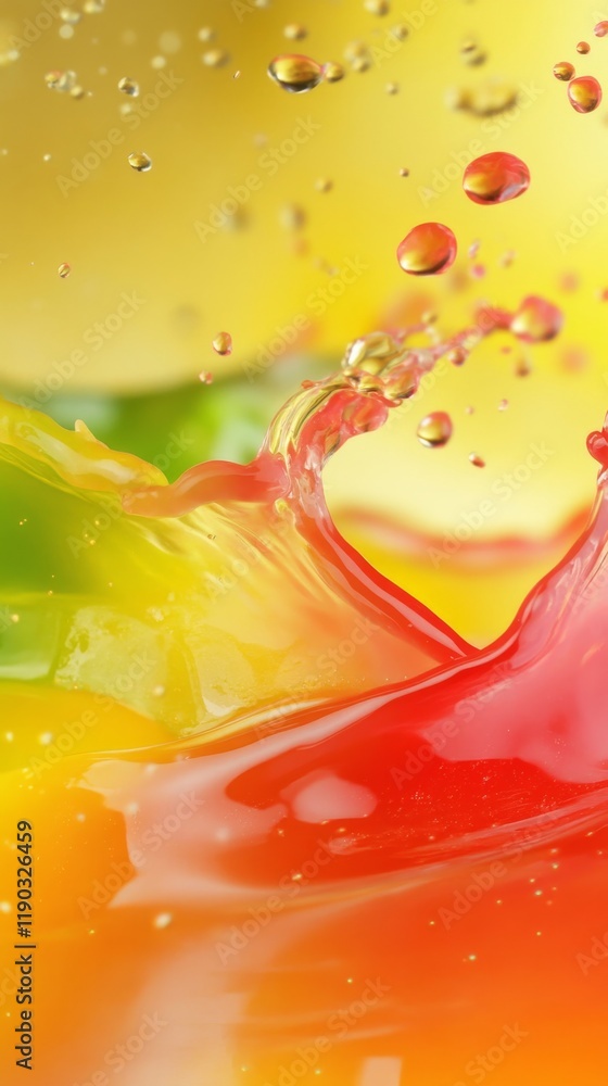 Poster close up view of colorful juice splash in motion blending together
