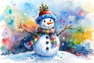 Fototapeta premium Snowman with a red hat and a blue scarf